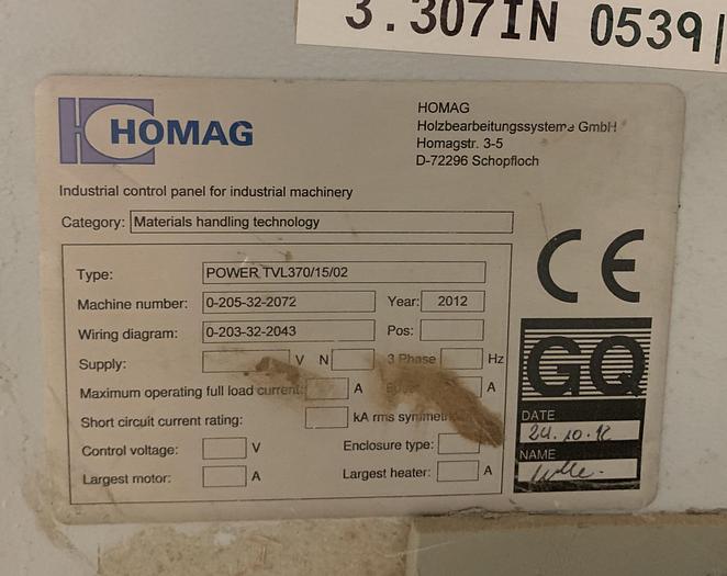 Used HOMAG POWER TVL370/15/02 BRUSH/WHEEL STYLE BOARD TURNER MATERIAL-HANDLING CONVEYOR SYSTEM