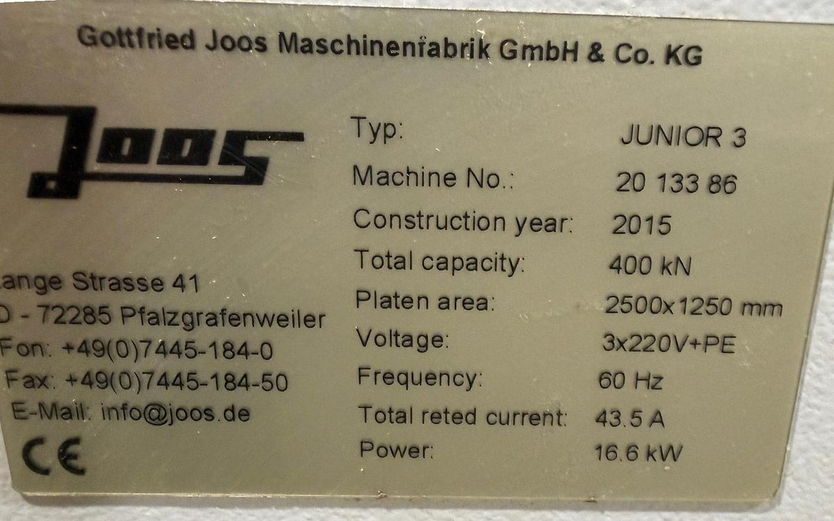 Used JOOS JUNIOR 3, 4' x 8' PNUEMATIC HOT-PRESS