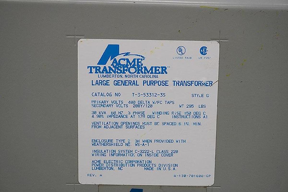 Used ACME 30 KVA 3-PHASE (480 TO 208 VOLT) TRANSFORMER