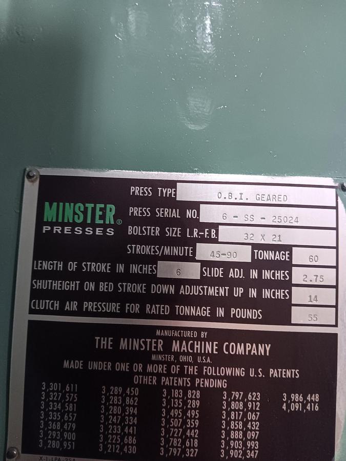 Used MINSTER #6SS 6" STROKE, BACK GEARED OBI PUNCH PRESS