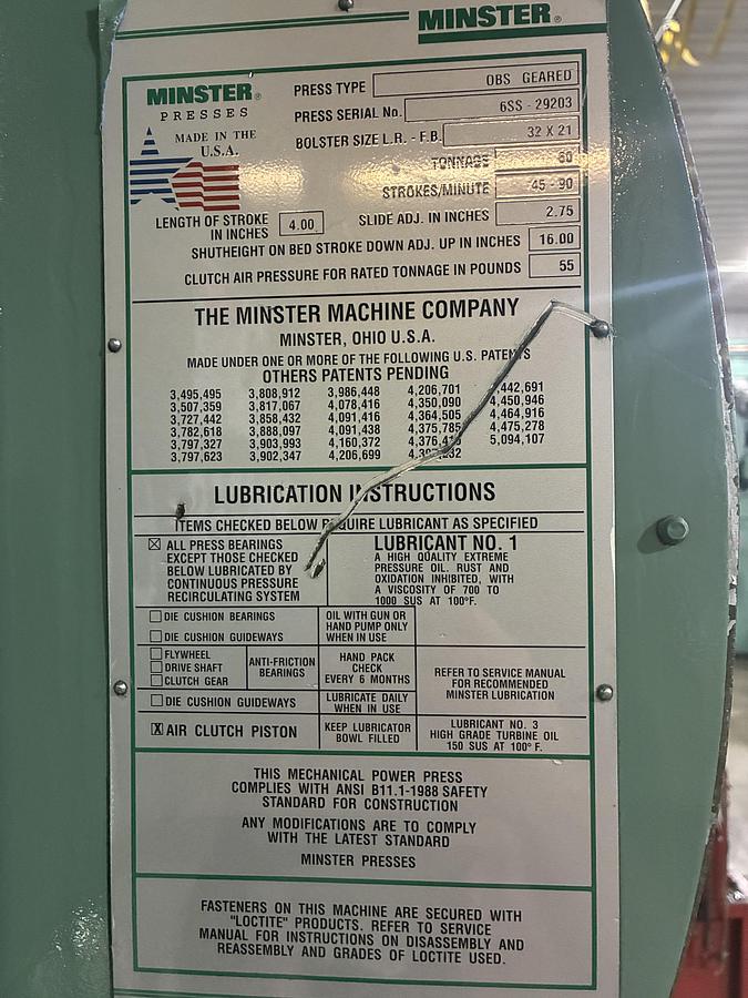 Used 60 TON MINSTER MODEL 6SS, OBI BACK GEAR PUNCH PRESS