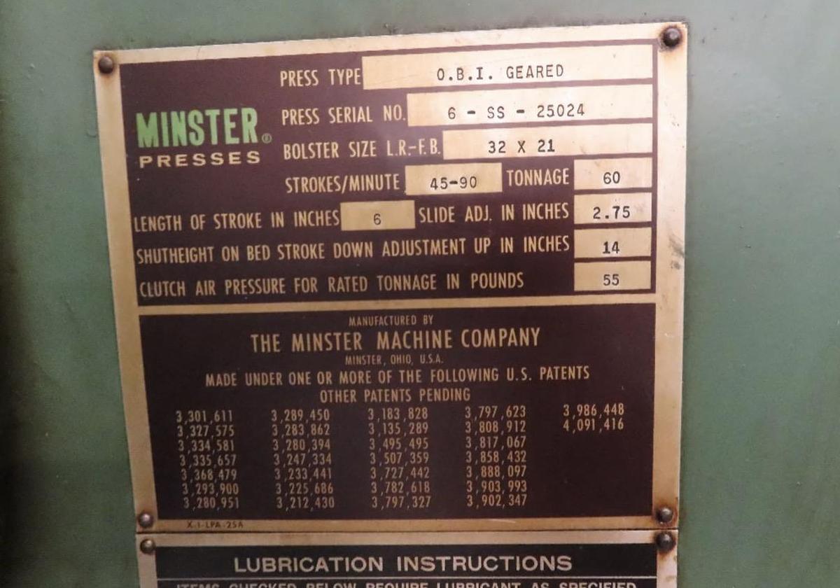 Used MINSTER #6SS 6" STROKE, BACK GEARED OBI PUNCH PRESS
