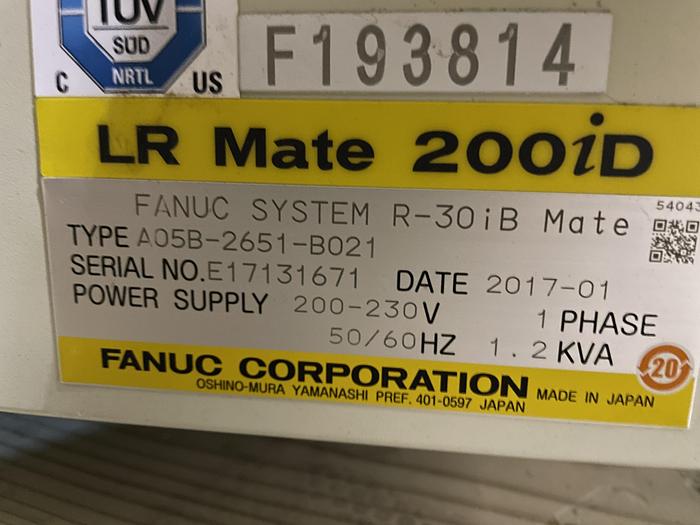 Used 2017 FANUC FANUC LR MATE 200ID 6 AXIS ROBOT WITH 30iB MATE