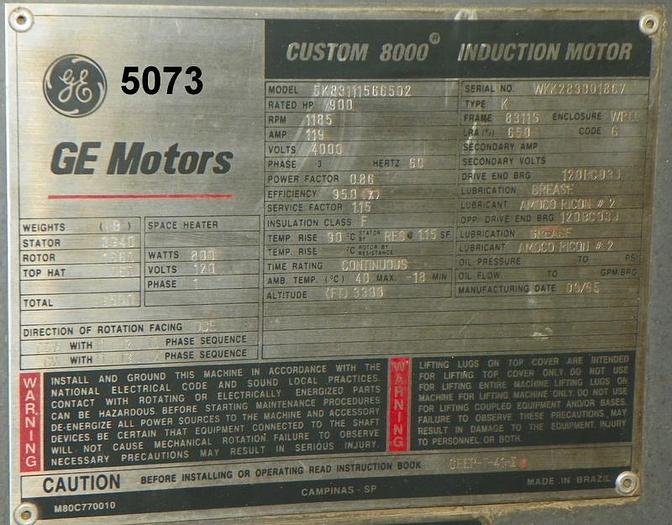Used General Electric 900 HP AC Motor, 1185 RPM, 4000 Y Volt #41504