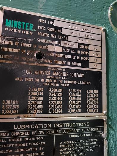 Used Minster 60 Ton Stamping Punch Press OBI A/C A/B with Roll Feed & Press Watch