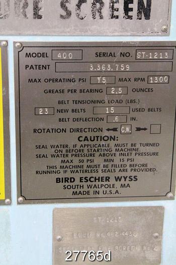 Used Bird 400 Bird 400 Pressure Screen, Stainless Steel Body And Lid, 75 Psi, 1300 Rpm #27765