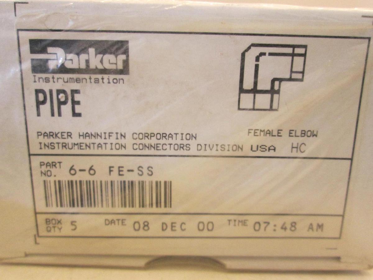 Parker, 6-6 FE-SS, Female Elbow Pipe Fitting Box of 5, New, Original Packaging