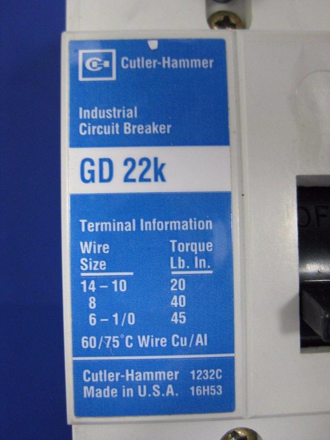 Used Cutler Hammer GD 22K Circuit Breaker 20A, 3 pole,