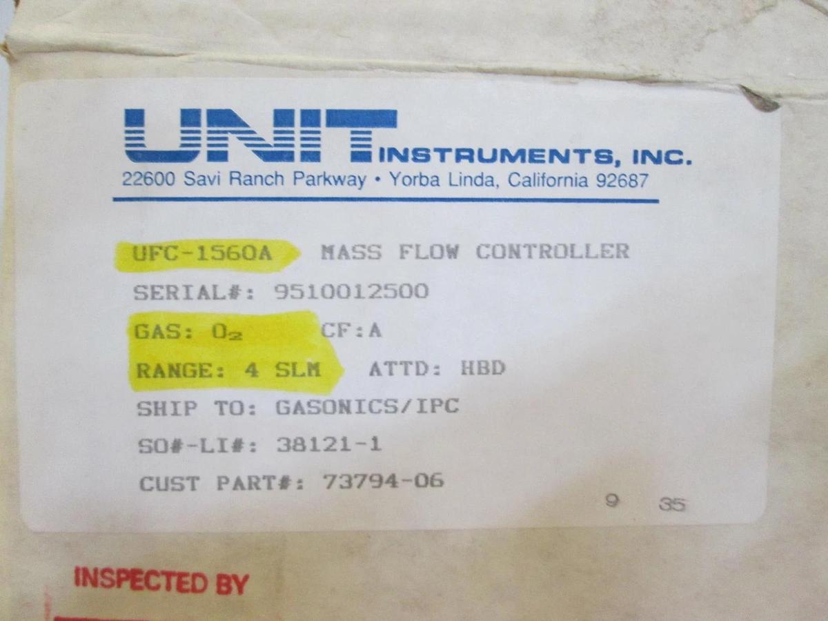 Used Unit UFC-1560A, MFC, Mass Flow Controller, O2, 4 SLM, 1/4" VCR, Used