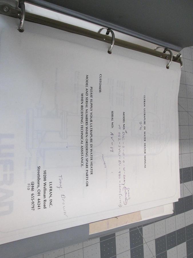 Used Lufran, 052-SVW-Di-480-1000, Ultrapure DI Water Heater Manual, Used
