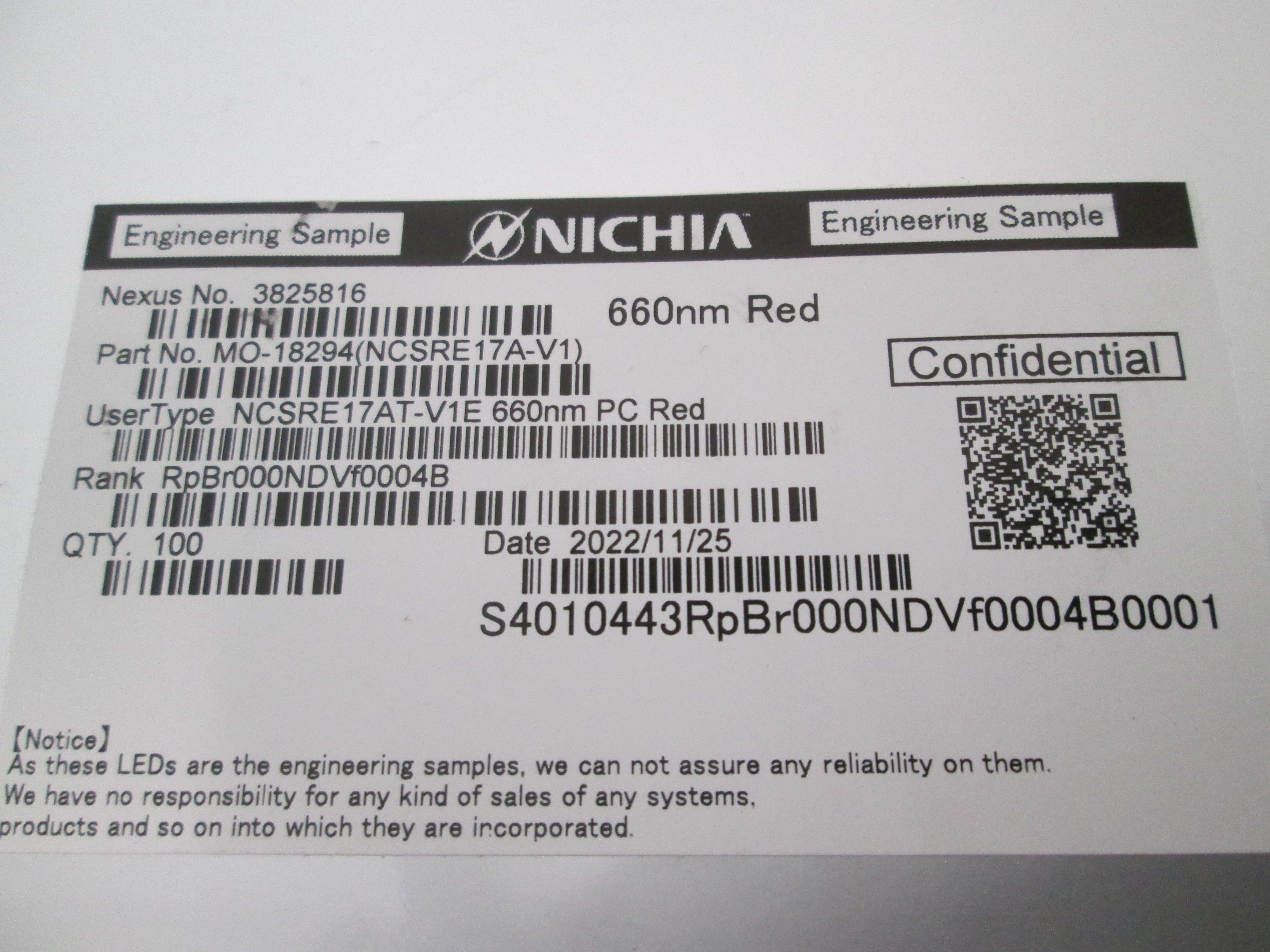 Used Nichia, NCSRE17AT-V1E, 660nm Red LED Engineering Sample 100 PCS MO-18294