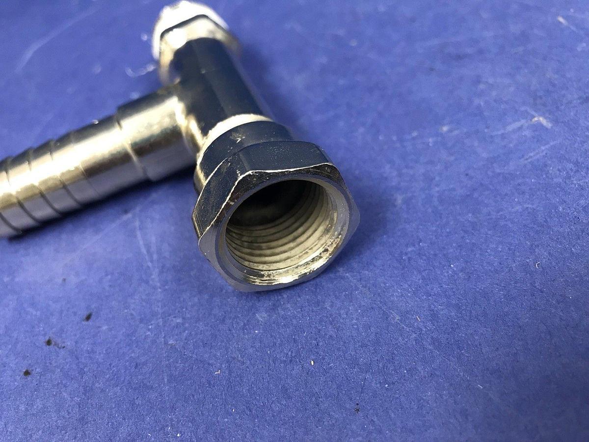 Used Nibco Stainless Steel Tee 3/4"FNPT x 3/4"MNPT x 1/2" Barb, Lot of 6 Used