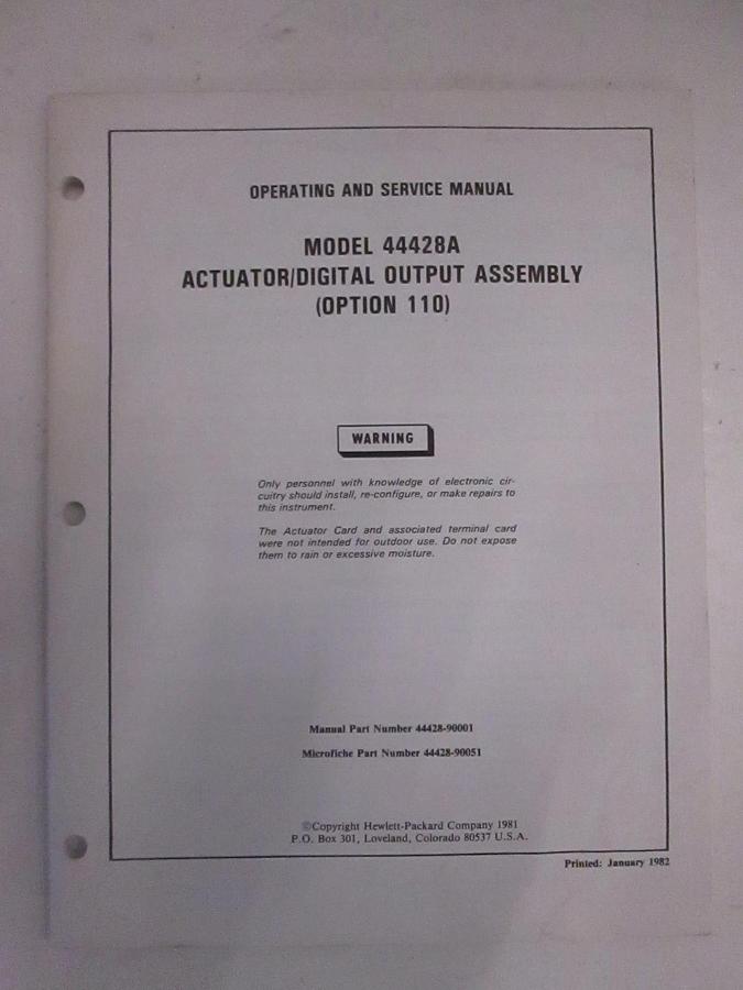 Used HP Model 44428A Actuator/Digital Output Assy Operating and Service Manual, Used