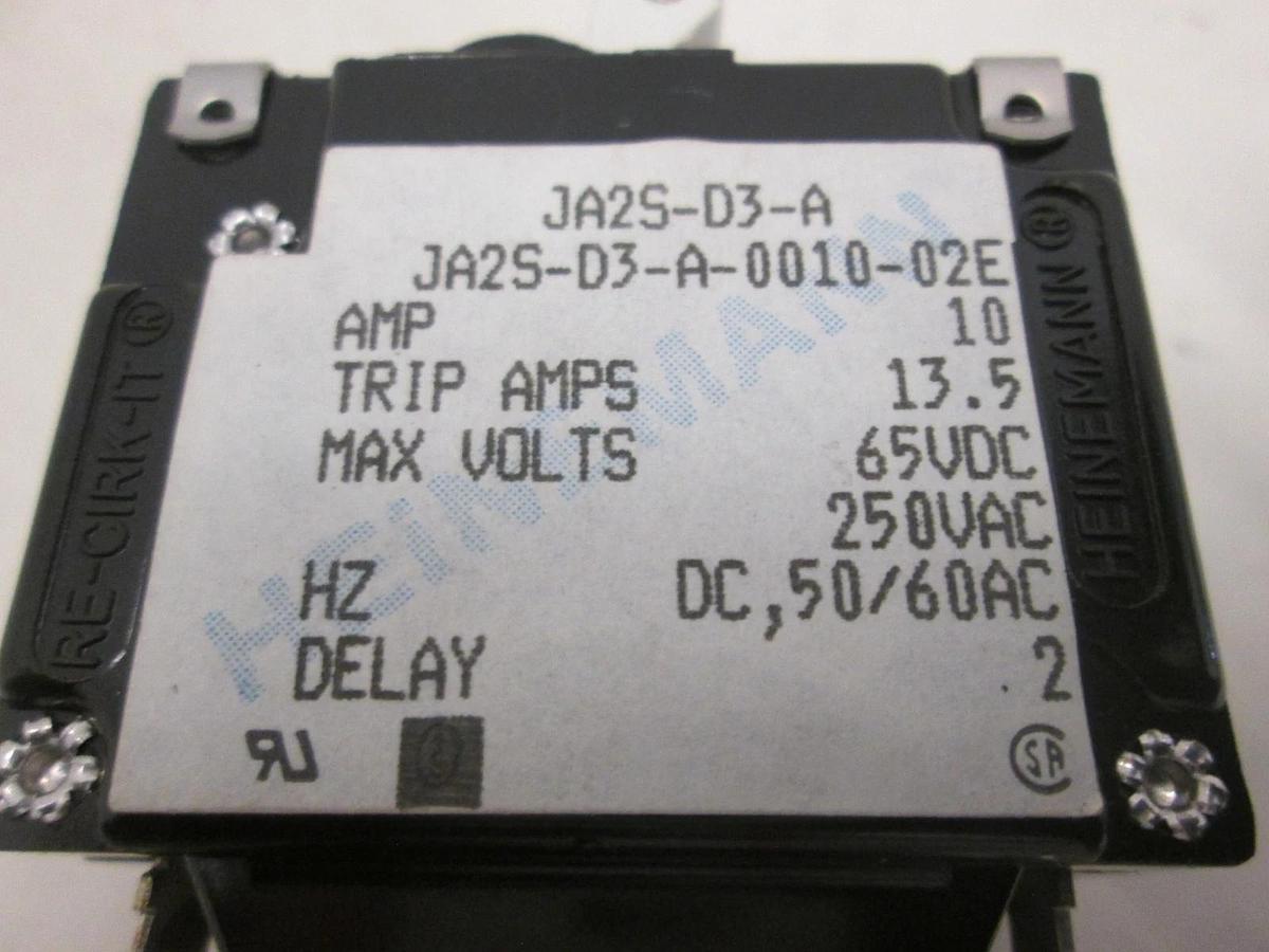 Used Heinemann JA2S-D3-A, 2 Pole Circuit Breaker Switch, 10A, 13.5A, 65VDC, Used