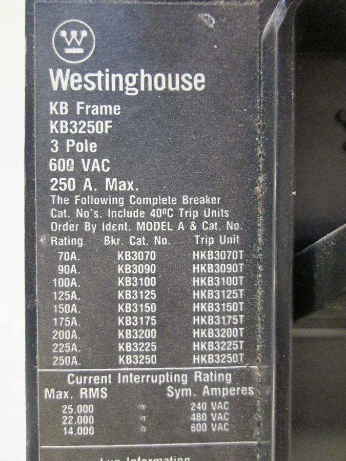 Used Westinghouse KB3250F Circuit Breaker, 600V 250A, 3 Pole