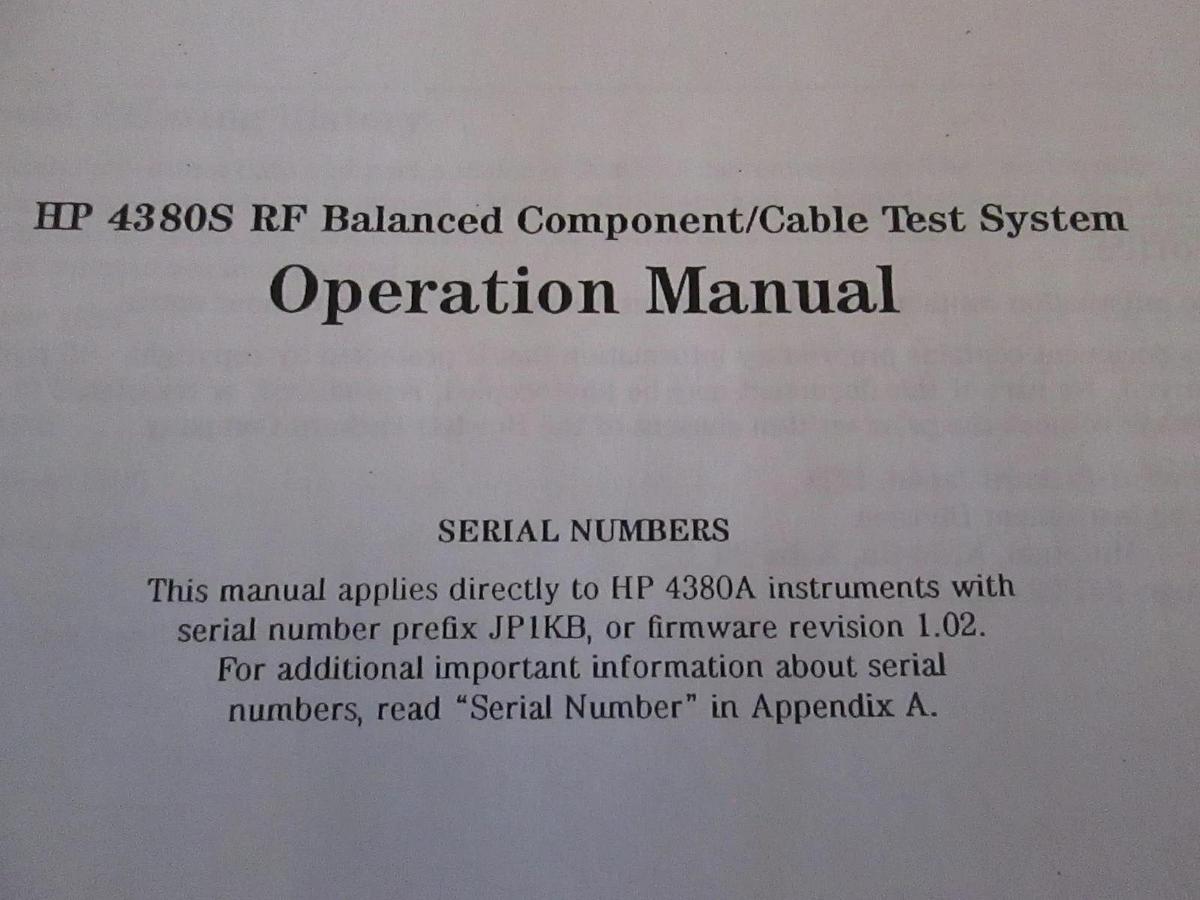 Used HP 4380S RF Balanced Component/Cable Test System Operation Manual, Used