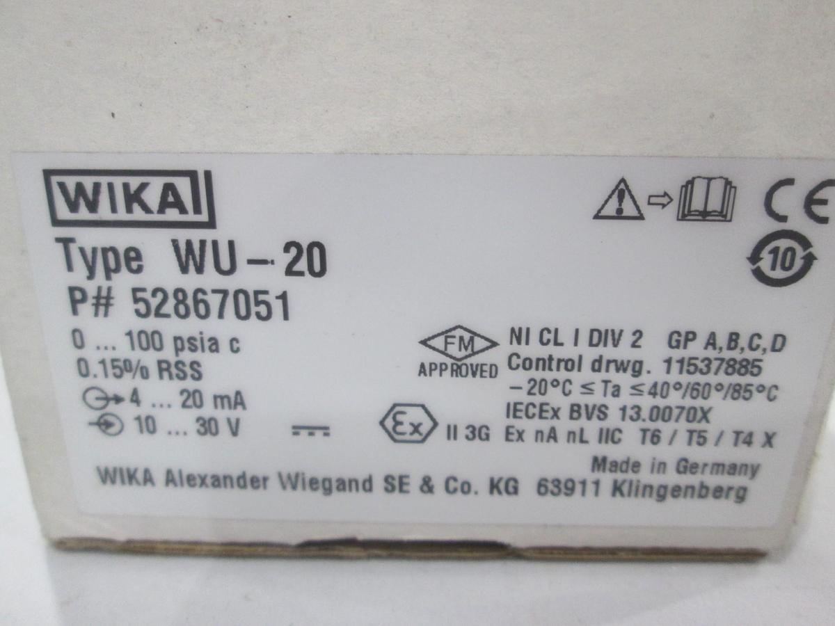 Used Wika, WU-20, Pressure Transducer, 52867051 0-100 psia 4-20 ma, 10-30v New