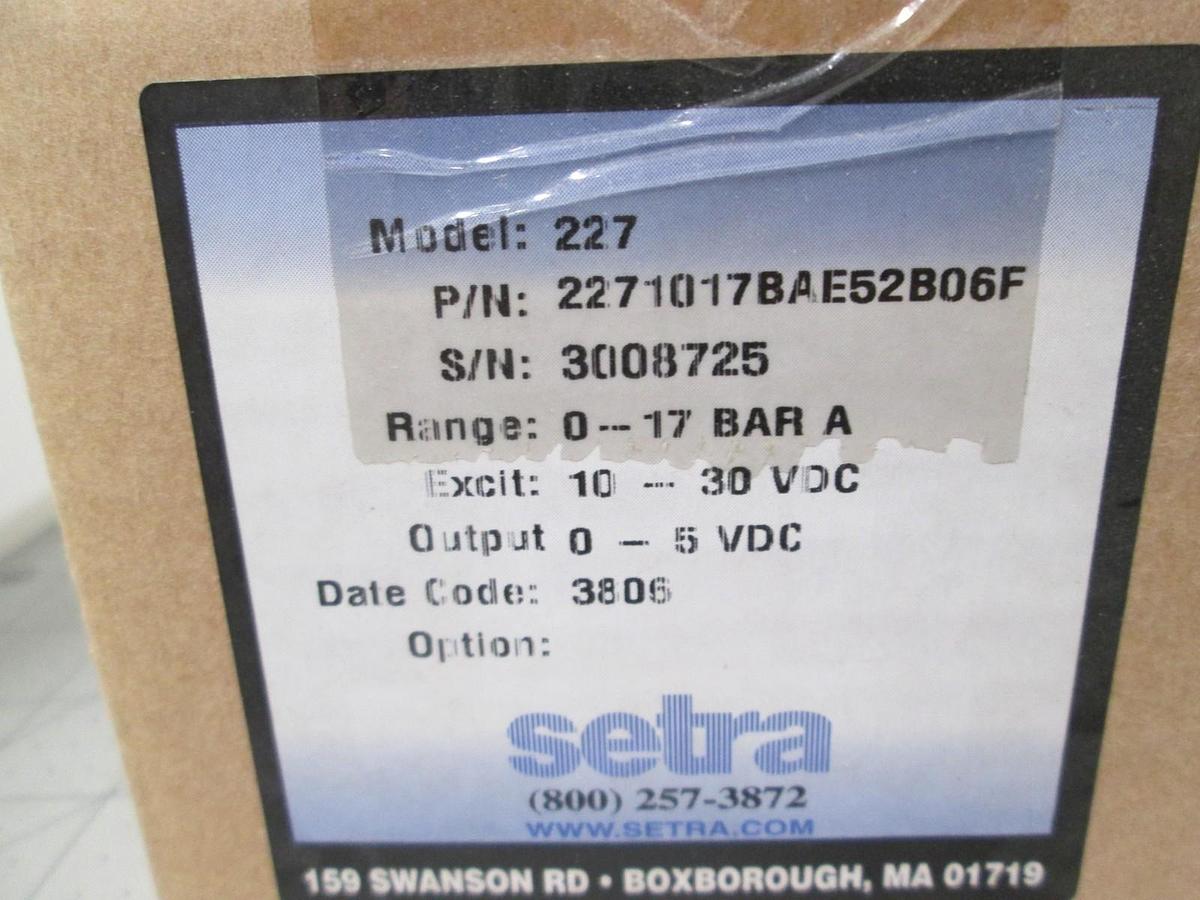 Setra, High Purity Pressure Transducer, Model 227, 0-17 Bar, 10-30 VDC, New