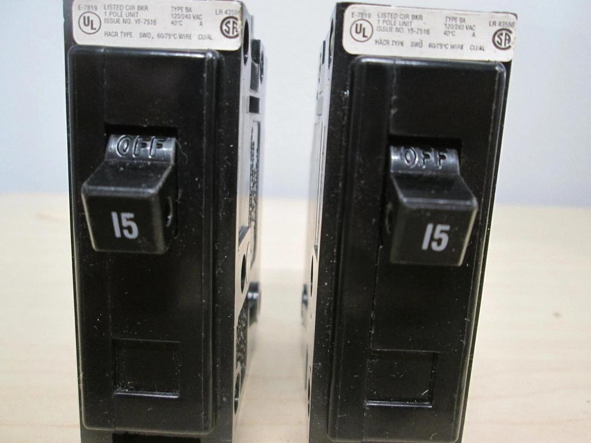 Used Cutler Hammer, YF-7516,Type BA, Single Pole Circuit Breaker, 15A, Used, Lot of 2