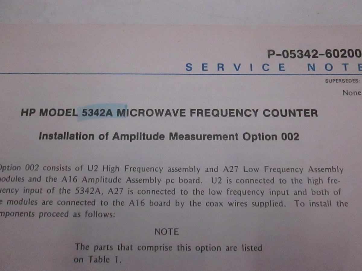 Used HP Model 5342A Microwave Frequency Counter Service Note, Used