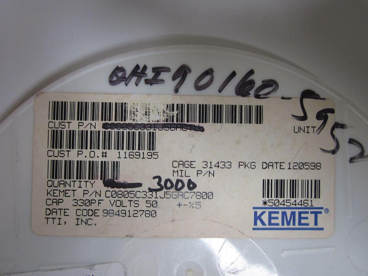 Used Kemet Ceramic Capacitor, C0805C331JGAC780, 50V, 5%TOL, Reel of 3000