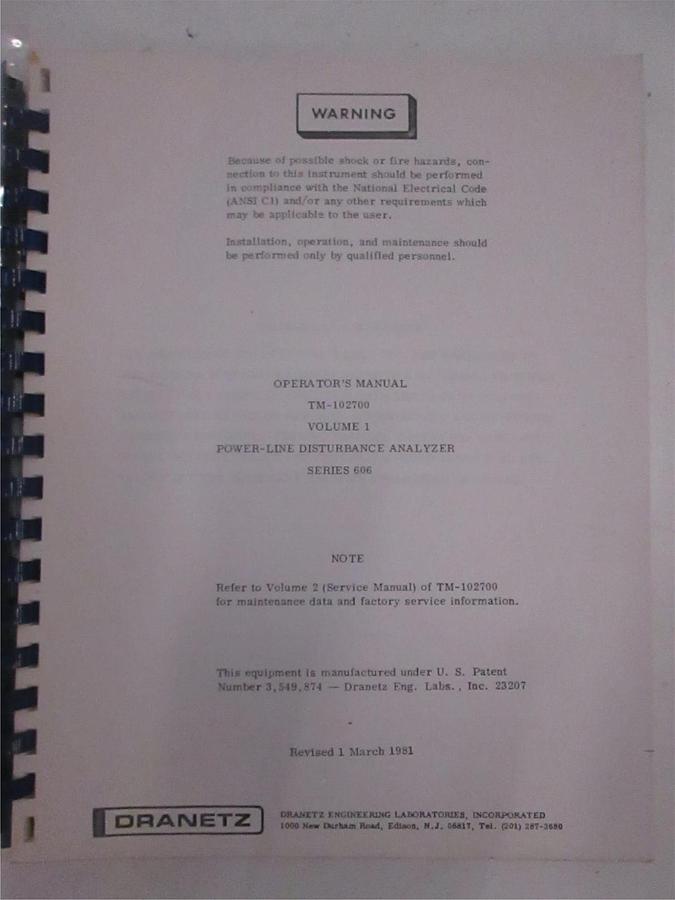 Used Dranetz TM-102700 Volume 1 Series 606 Operator Manual, Used
