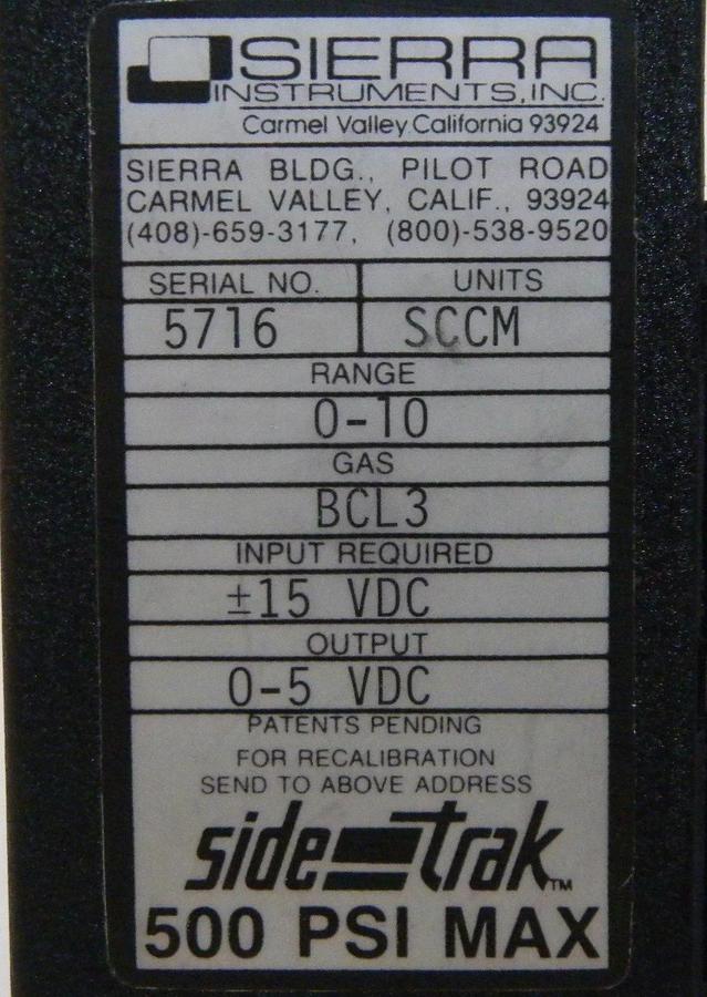Used Sierra Instruments Sidetrak Mass Flow Controller, BCL3, 1-10 sccm, Used