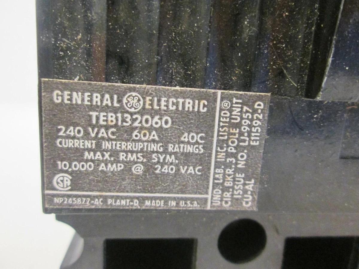 Used General Electric Circuit Breaker TEB132060, 240VAC, 60A, 3 Pole Used