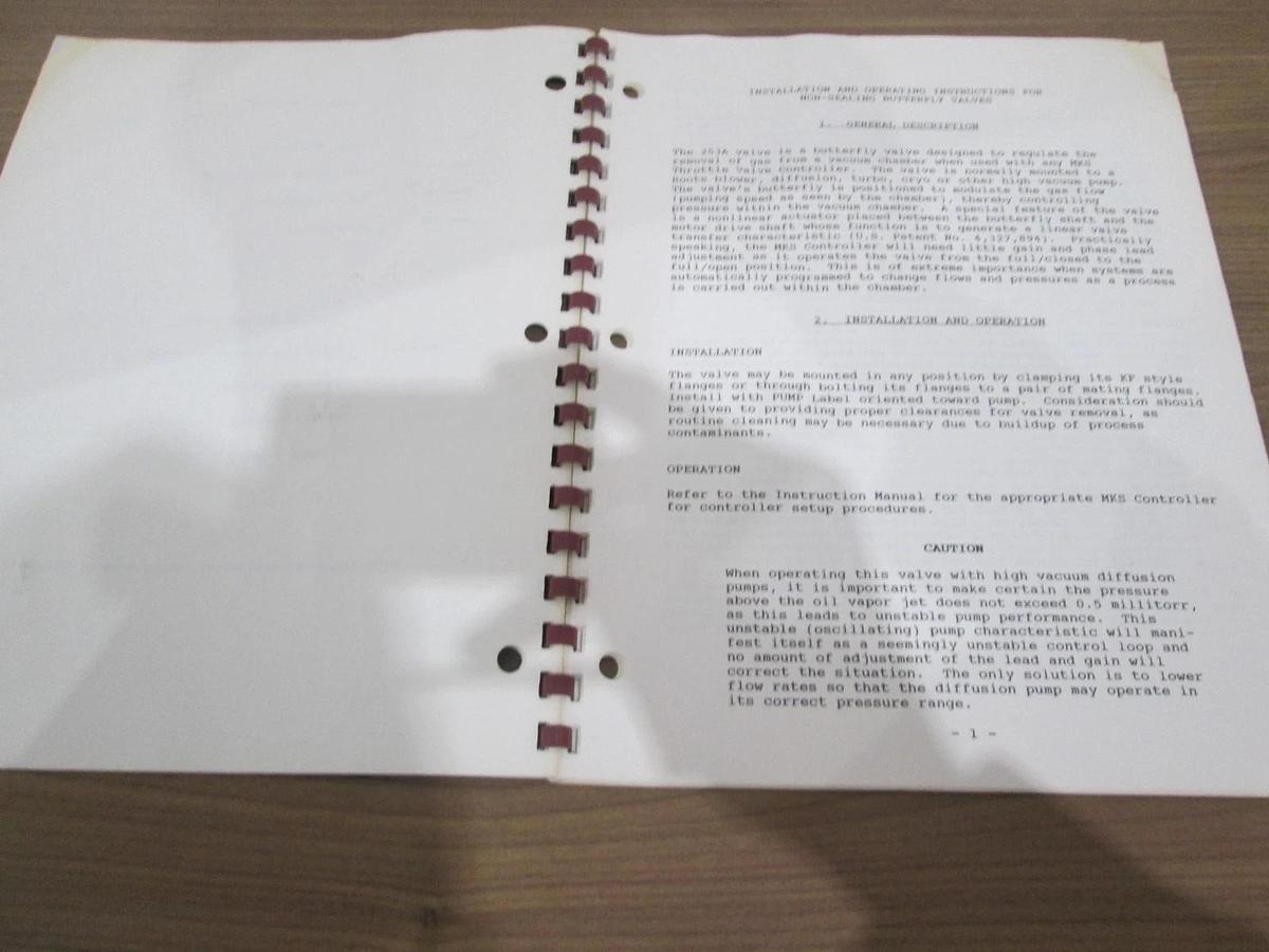 Used MKS, Type 253A, Non Seal Throttling Valve 20mm to 10", Instruction Manual, Used