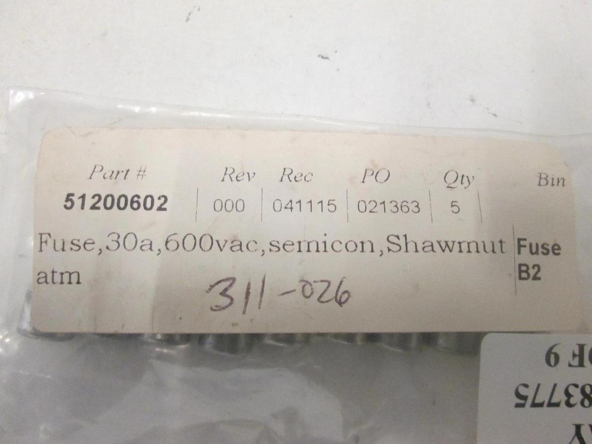 Shawmut, 51200602, FUSE, SHAWMUT ATM30, 30A, SEMIC, New, Lot of 9