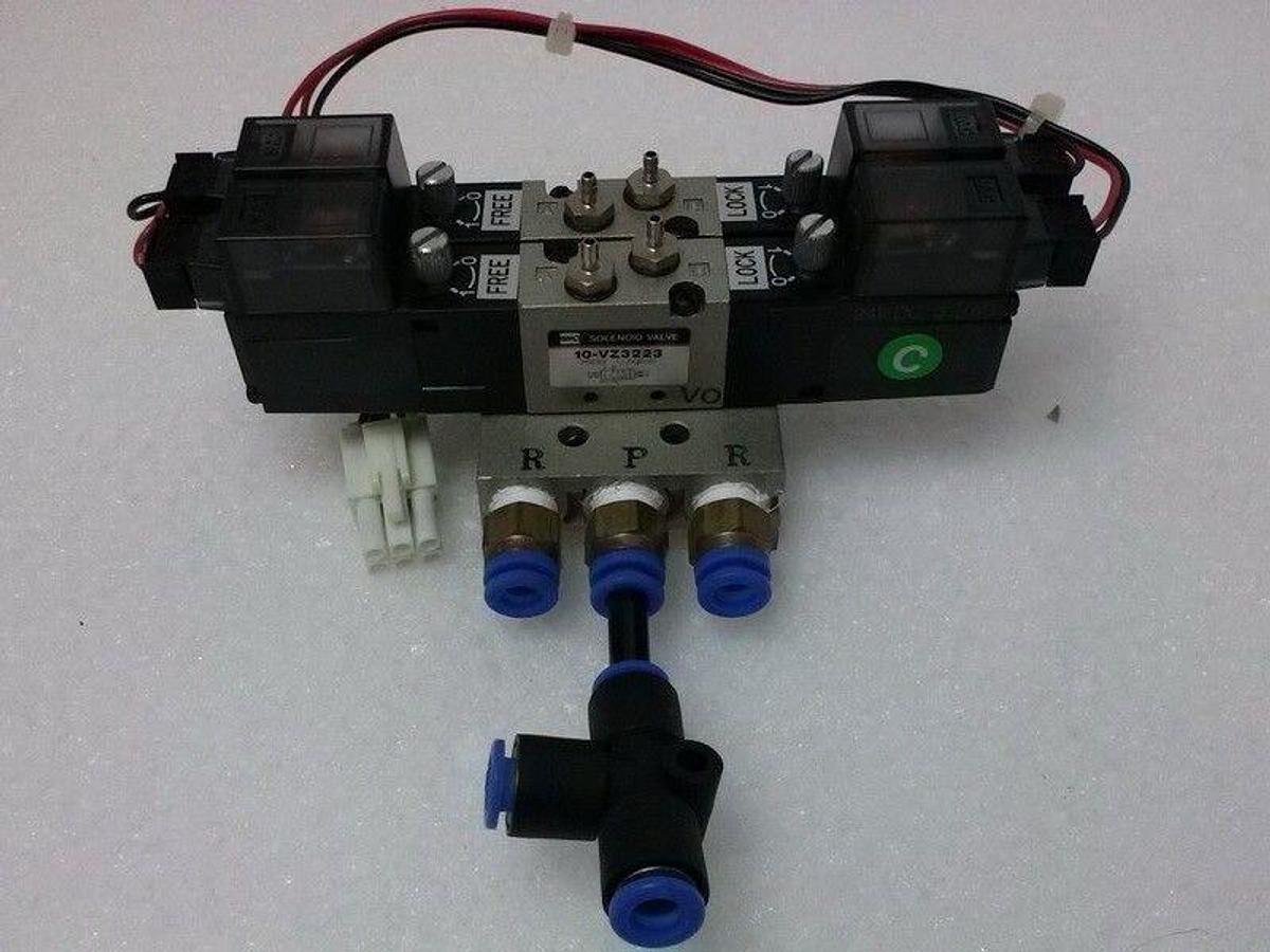 Used SMC 10-VZ3223 Pneumatic Solenoid Valve Manifold Assembly w/ 2 Valves, Used