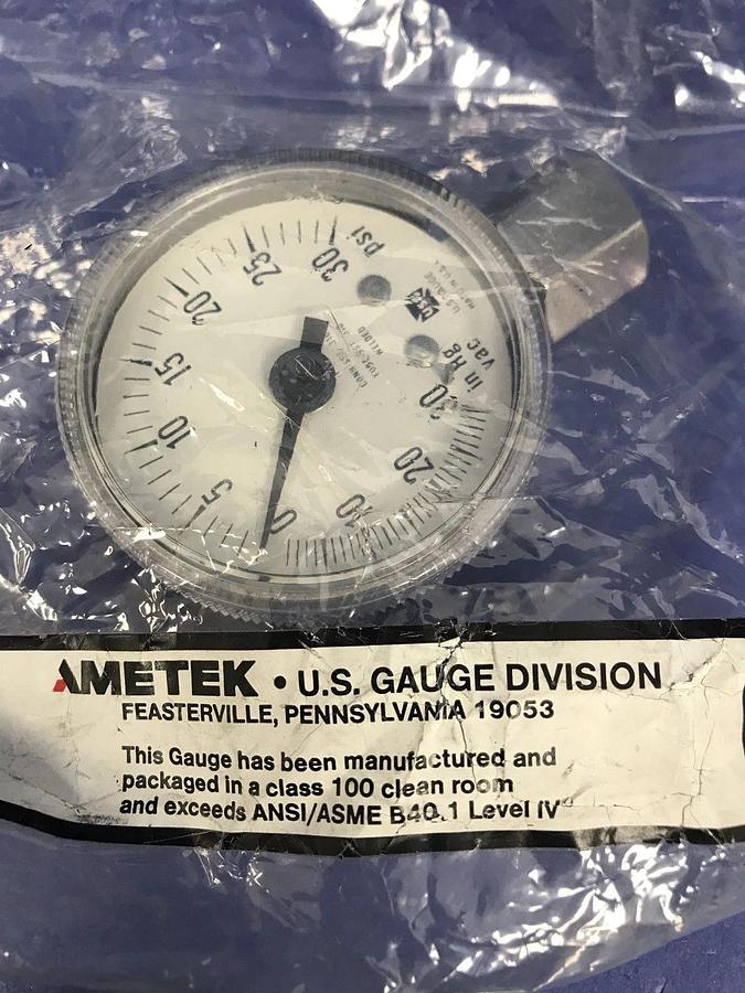 Ametek U.S. Gauge, Pressure Gauge, 30-0-30 psi, 1/4" FVCR, New
