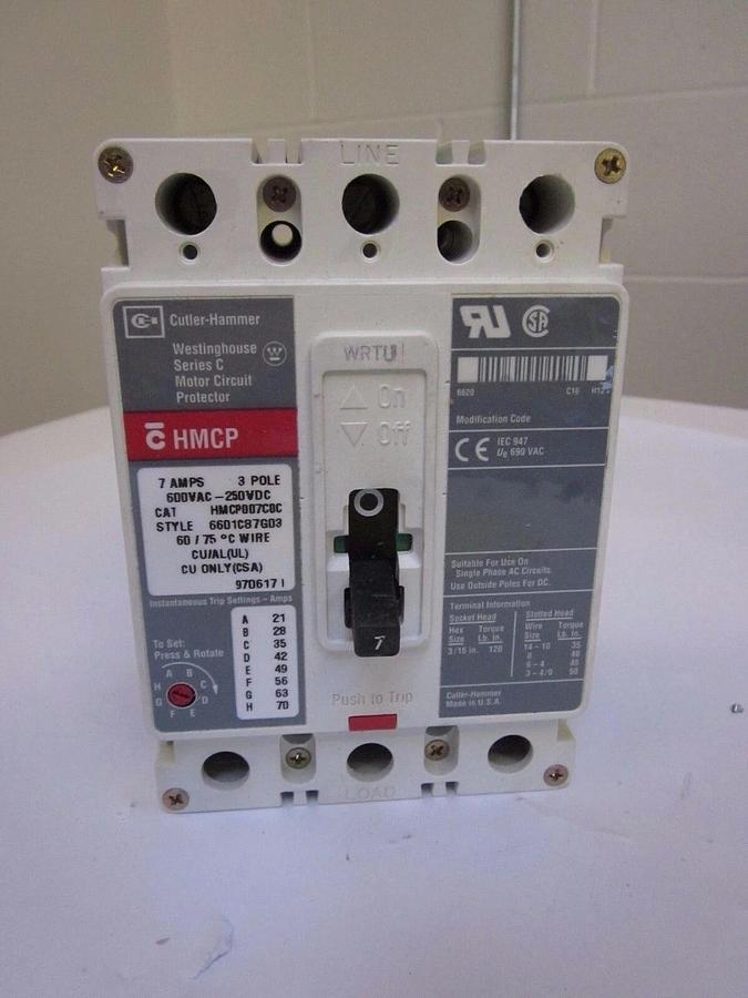 Used CUTLER HAMMER Motor Circuit Protector HMCP007C0C, 7A, 3P