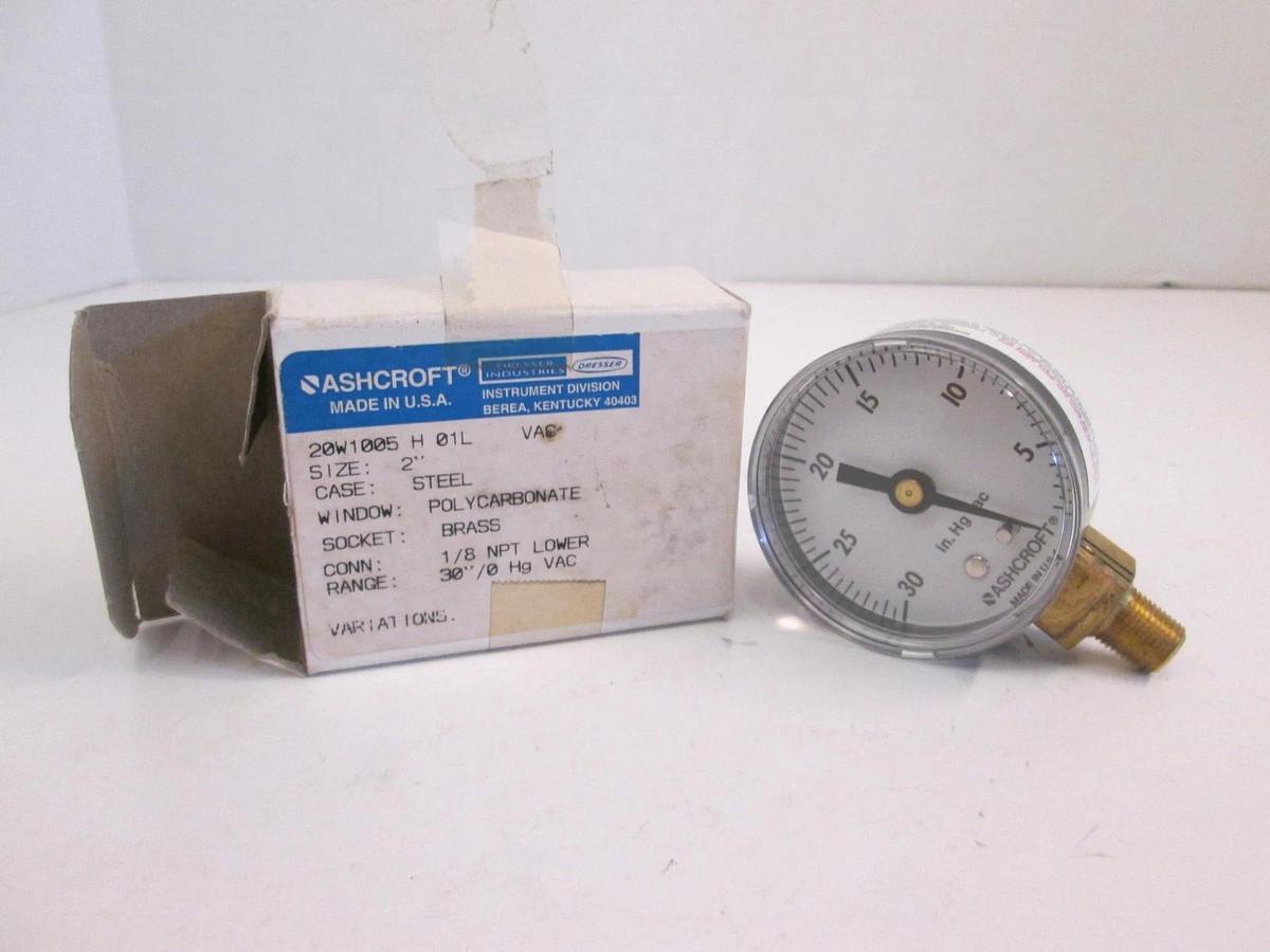 Ashcroft Vacuum Gauge, 20W1005, 2" Face, 30"-0 Hg VAC, New