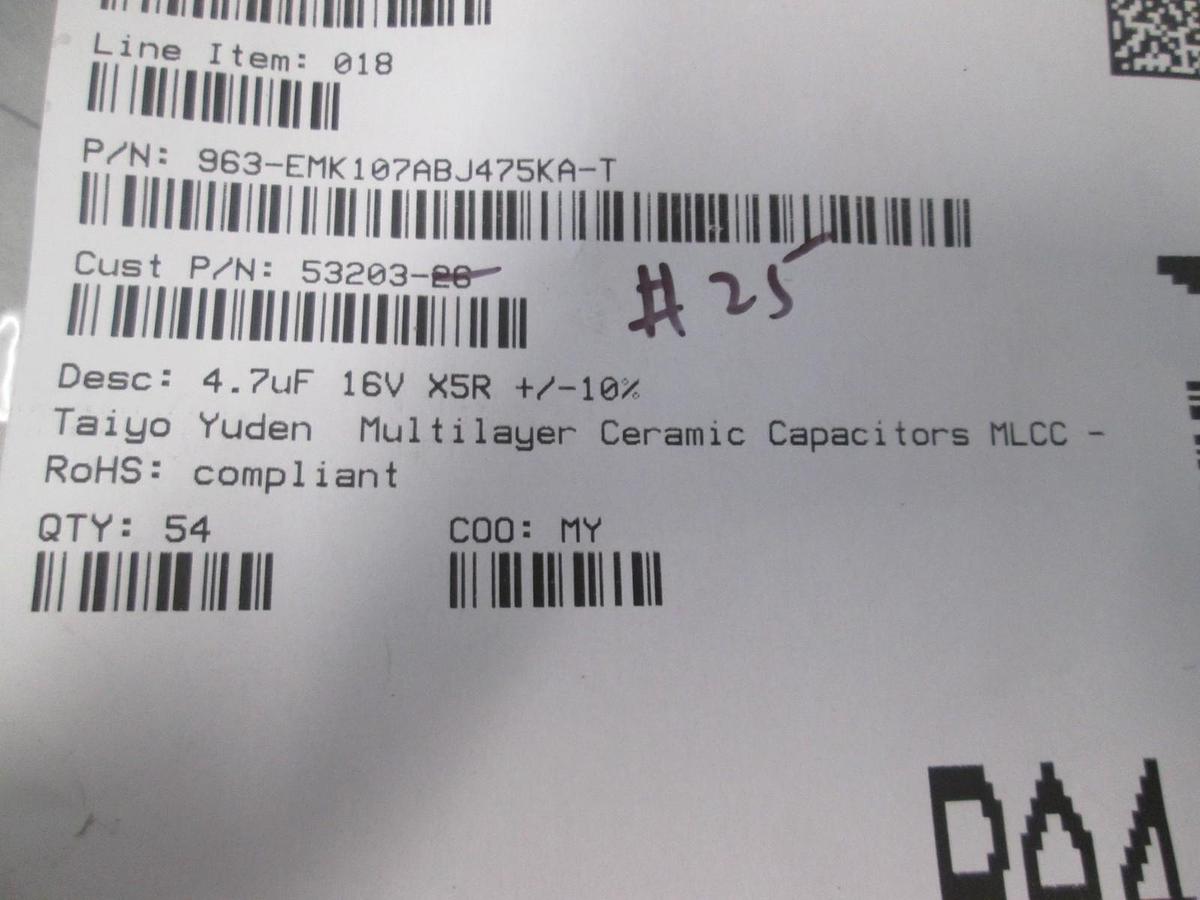 Used Taiyo Yuden, Multilayer Ceramic Capacitor, 4.7uF 16V X5R +/- 10%, New, Lot of340