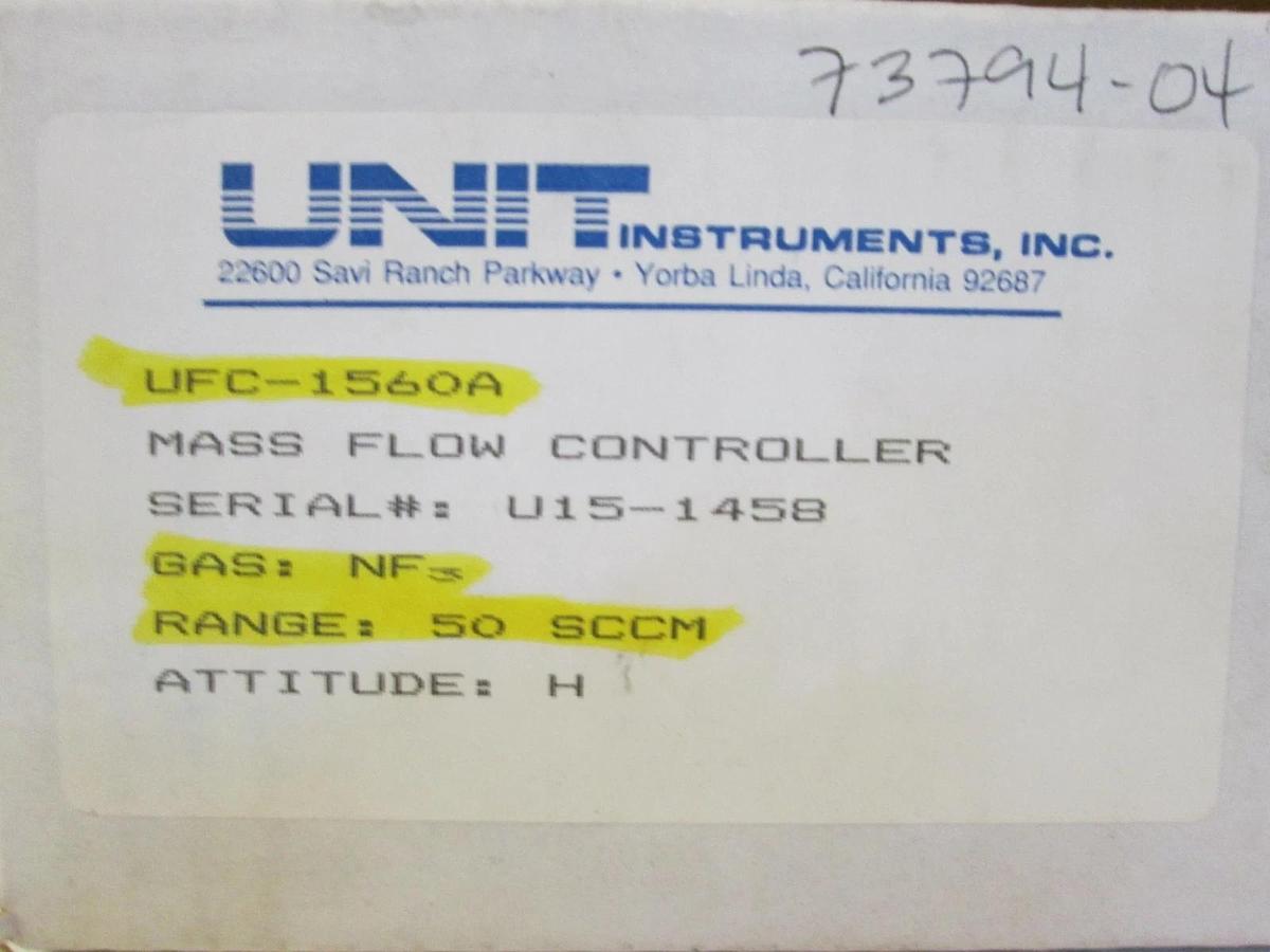 Used Unit UFC-1560A, MFC, Mass Flow Controller, NF3, 50 SCCM, 1/4" VCR, Used