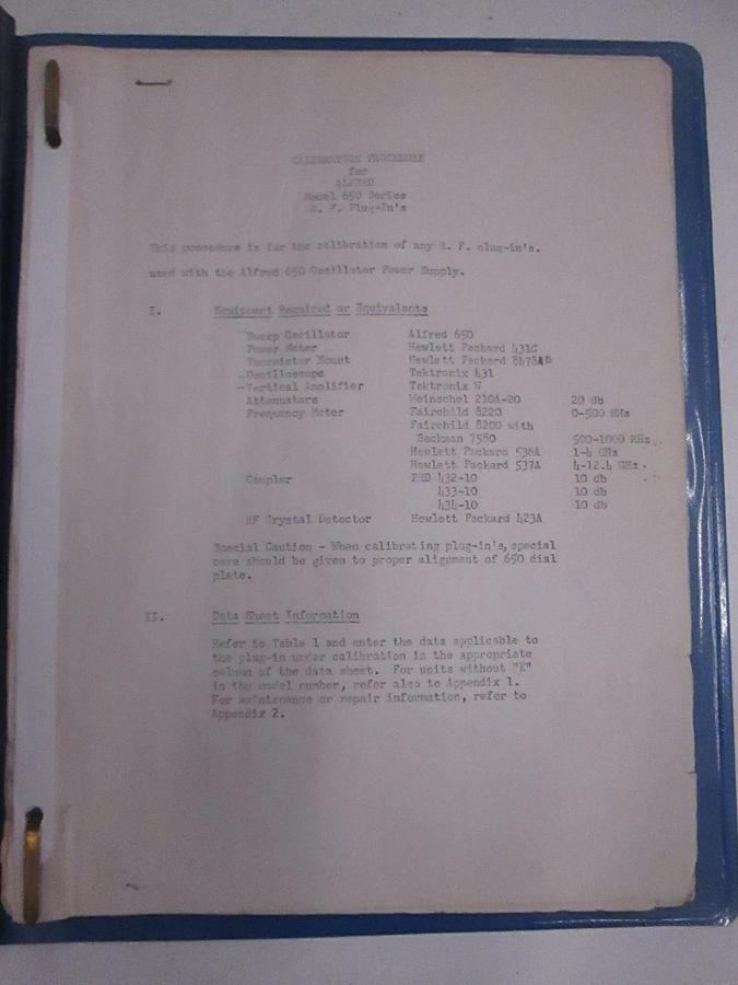 Used Calibration Procedure for Alfred Model 650 Series R.F. Plug-In's, Used