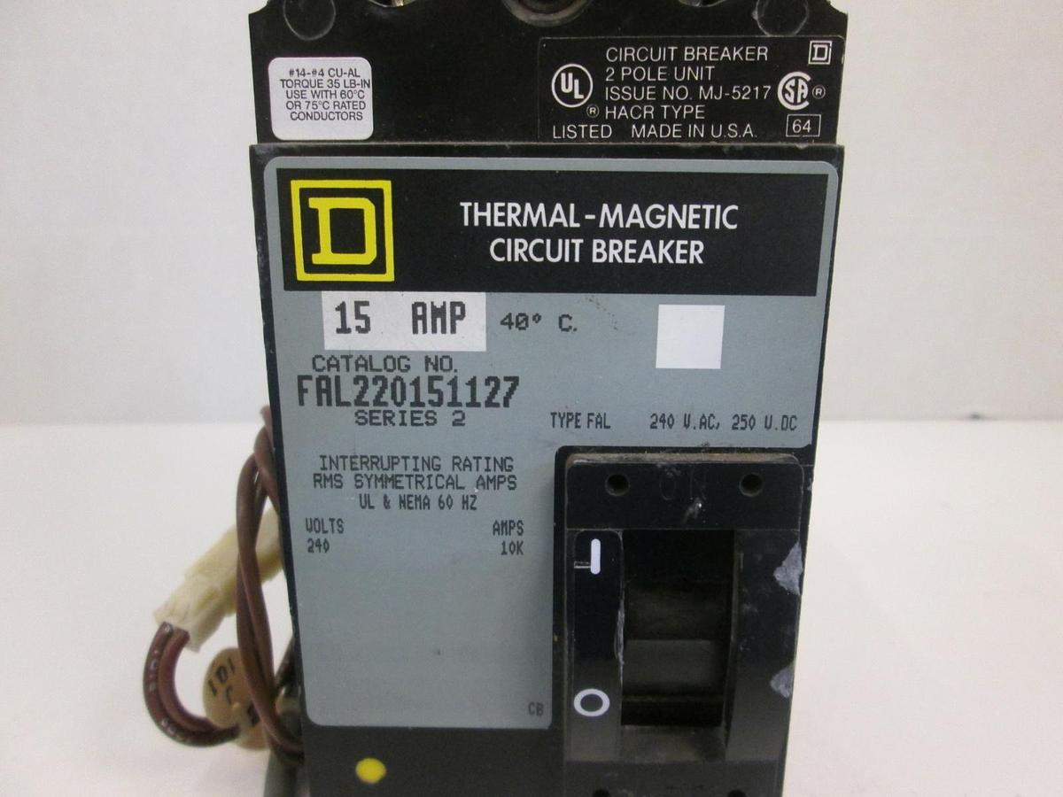 Used Square D FAL220151127 Circuit Breaker, 15AMP, 2 Pole, Series 2