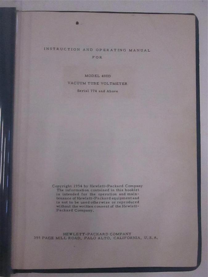 Used HP Model 400D Vacuum Tube Voltmeter Instruction and Operation Manual, Used