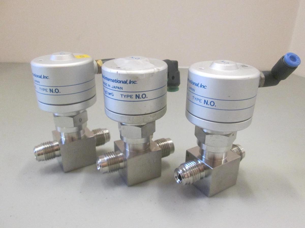 Used Fujikin, 3.5-7kgf, N.O. Pneumatic Valve, 1/4" MVCR, Used, Lot of 3