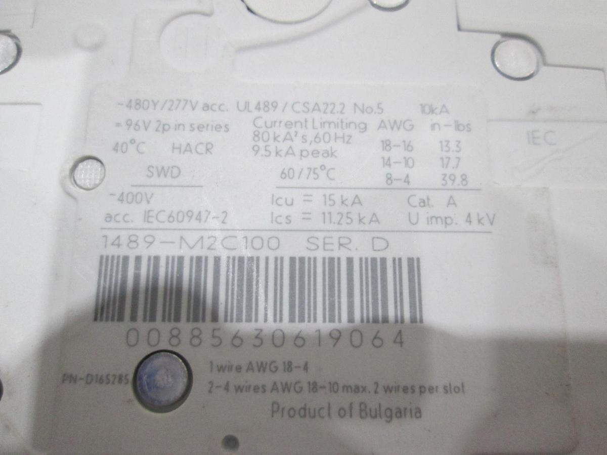 Used Allen-Bradley, 1489-M2C100, Miniature Circuit Breaker, 2 Pole, New