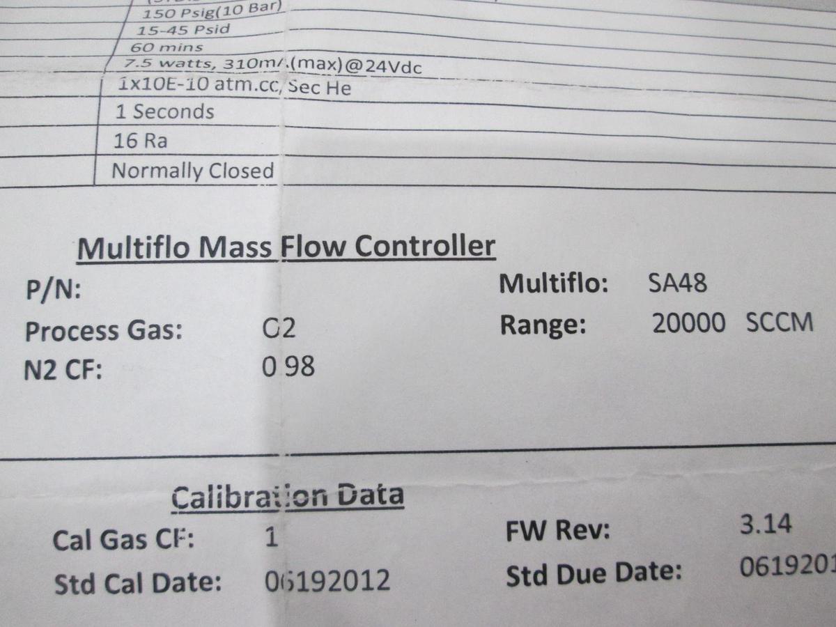 Used Brooks, GF080CXXC, 20000 ccm, O2 Gas, Mass Flow Controller, New