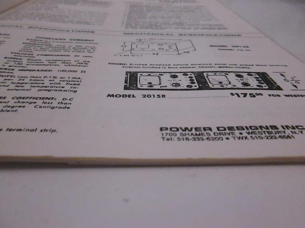Used Power Designs Model 2015R Power Supply Instruction Manual, Used