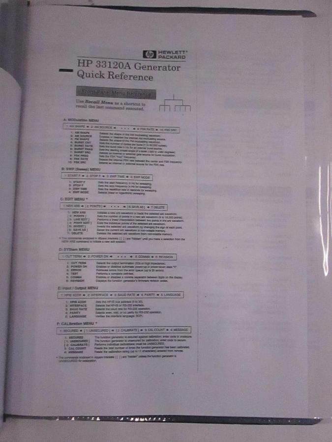 Used HP 33120A Generator Quick Reference Guide, Used