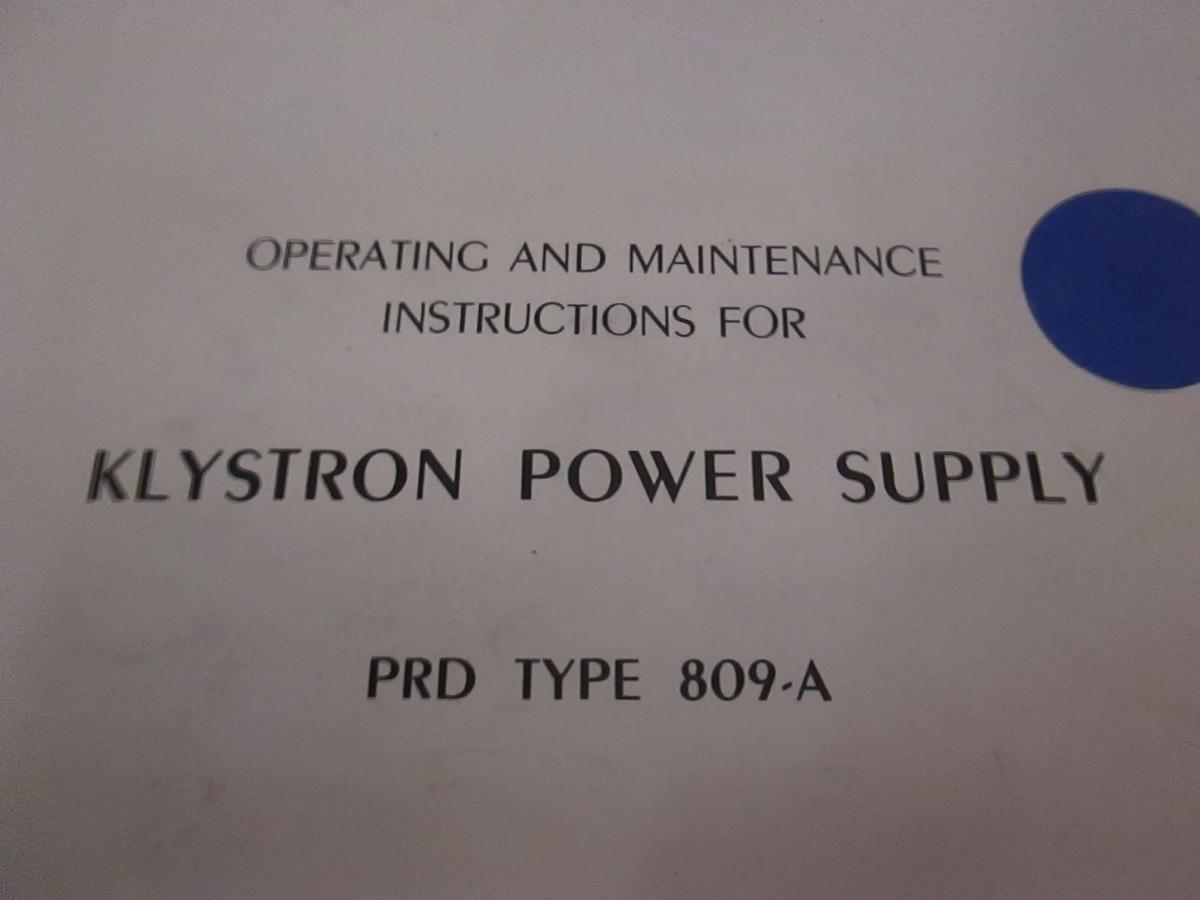 Used PRD Type 809-A Klystron Power Supply Operating and Maintenance Manual, Used