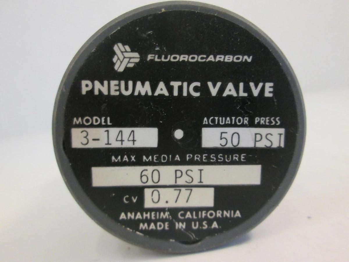 Used Fluorocarbon NV3-144 High Purity N.O. Pneumatic Valve 1/4" 60 psi, 50 psi, Used