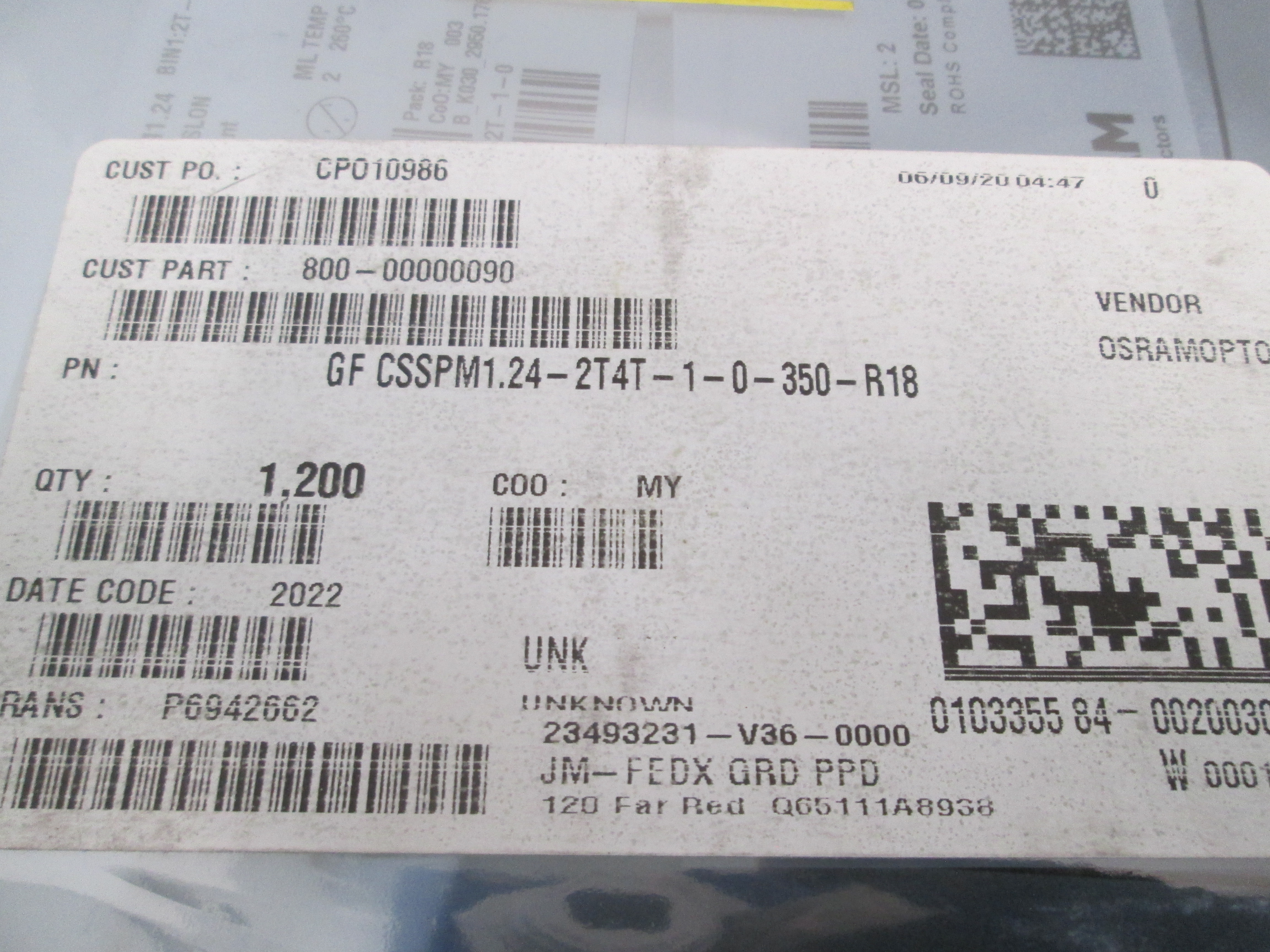 Used OSRAM, GF CSSPM1.24-2T4T-1-0-350-R18, Far Red LED 1200pcs New