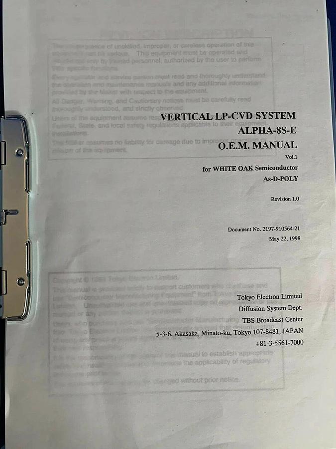 Used Tokyo Electron ALPHA-8S-E Vertical LP-CVD As-D-POLY O.E.M. Manual Volume 1, Used