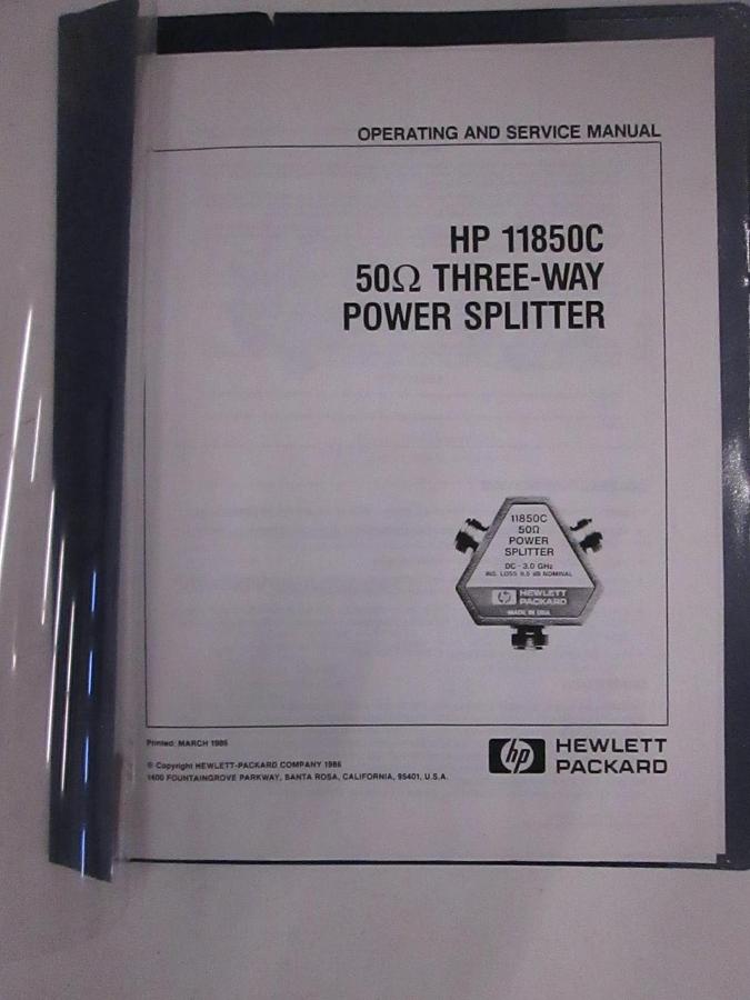 Used HP 11850C 50 Three-Way Power Splitter, Operating and Service Manual, Used