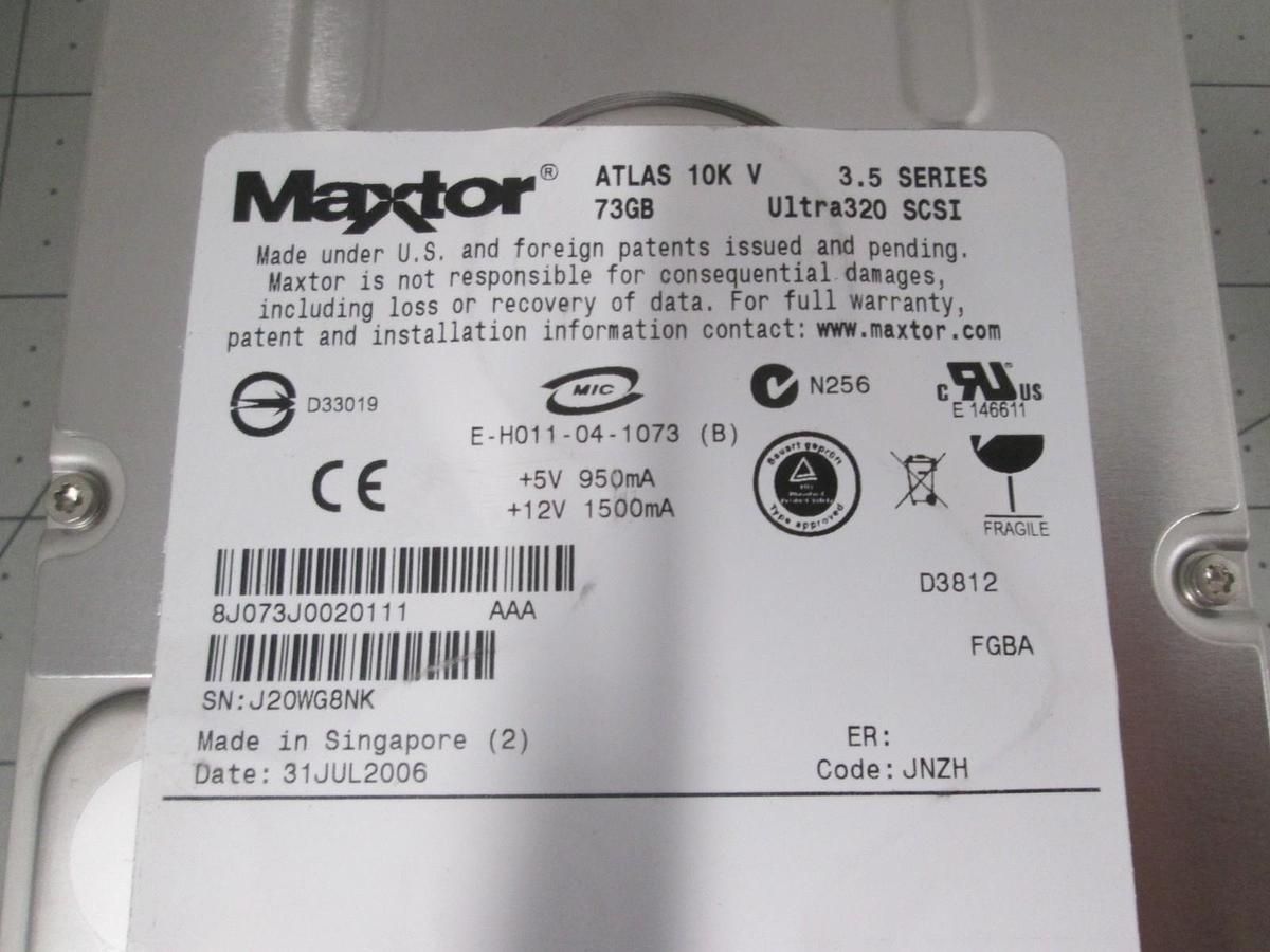 Used Maxtor, Disk Drive, 73GB, Ultra320 SCSI, Atlas 10K V, 3.5 Series, New